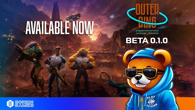 Promotional banner for 'Outer Ring: A Decentralized World' Beta 0.1.0 by Soren Games, featuring characters in a sci-fi landscape, marked 'Available Now' with a bear mascot wearing sunglasses labeled 'Play to Earn'.