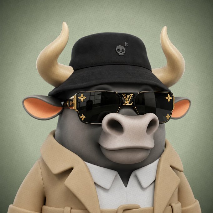 A 3D-rendered cartoon bull character wears a black bucket hat with a skull logo, designer sunglasses with a gold 'LV' monogram, and a tan trench coat.