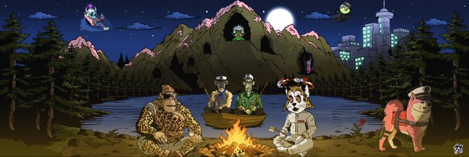 A pixel art nighttime scene featuring anthropomorphic characters around a campfire by a lake, with a mountain containing a face-shaped cave, a flying witch, and a city skyline in the background.