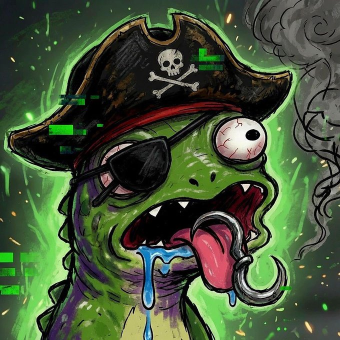 A vibrant, stylized cartoon illustration of a green zombie pirate with a missing eye, wearing a skull-and-crossbones hat, a hook hand, and drooling blue liquid, set against a glowing green background.