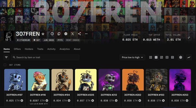 An NFT marketplace page for the '307FREN' collection on Ethereum, showing 307 items with prices in ETH, floor price 0.025 ETH, and various character thumbnails.