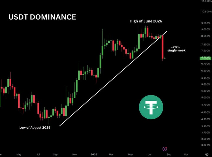 A candlestick chart titled 'USDT DOMINANCE' showing a 'High of June 2026', a 'Low of August 2025', and a '-20% single week' drop, featuring the Tether (USDT) logo.