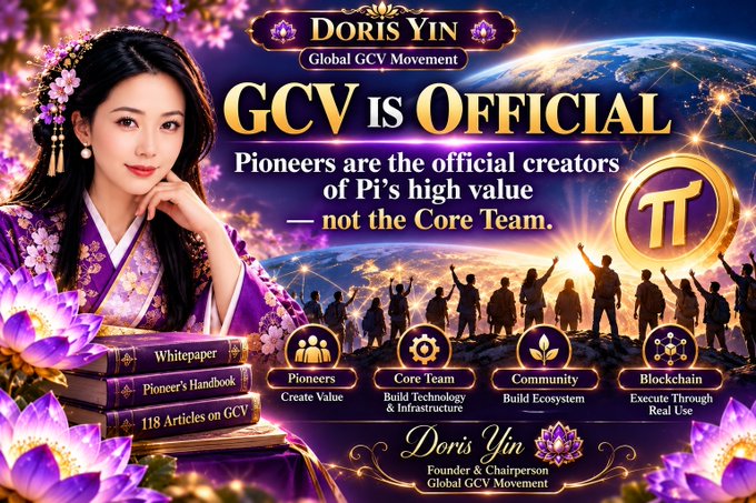 The image is a promotional graphic for the "Doris Yin Global GCV Movement," declaring "GCV IS OFFICIAL" and stating that "Pioneers are the official creators of Pi's high value—not the Core Team." It features Doris Yin alongside the Pi (π) cryptocurrency symbol, books titled "Whitepaper," "Pioneer's Handbook," and "118 Articles on GCV," and icons highlighting Pioneers, Core Team, Community, and Blockchain roles.

The caption relates to the post by visually countering the claim that "the project team has already rejected GCV," using bold imagery of authority and official endorsement to assert that the GCV (Global Consensus Value) movement is officially established by its Pioneers.