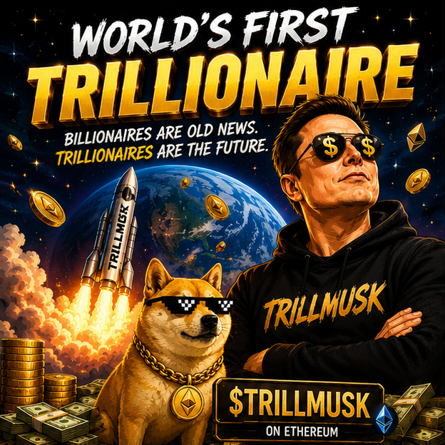 The image features a man wearing sunglasses, standing next to his dog who has a chain around its neck. The background of the image shows a rocket flying through space with the words "World's First Trillmusk" written above it. Below this, there is text that reads "BILLIONAIRES ARE OLD NEWS. THE FUTURE. TRILLMUSK is live on Ethereum. Ownership Renounced Liquidity Burned Community Driven We're aiming for the first trillion dollars. #TRILLMUSK". The image also includes a dog wearing sunglasses and a chain around its neck, as well as a rocket flying through space with the words "World's First Trillmusk" written above it.