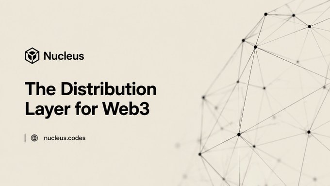 Promotional banner for Nucleus, labeled 'The Distribution Layer for Web3' with the URL 'nucleus.codes' displayed on a cream background featuring a network graphic.
