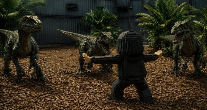 A LEGO figure with guns surrounded by three velociraptors in a jungle enclosure setting.