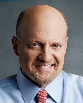The image shows Jim Cramer, the financial commentator and host of CNBC's "Mad Money," smiling in a professional headshot wearing a blue shirt and red tie. The caption relates directly to the post, which humorously credits Cramer for inadvertently triggering Bitcoin's 37% rally from $62,300 to $85,000 immediately after he announced he was selling.
