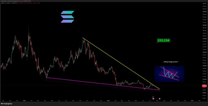 A TradingView candlestick chart for SOL/USDT on Binance shows a descending wedge pattern converging near the ~150 support level, with a "falling wedge pattern" annotation illustrating the bullish breakout setup, while a price tag highlights 233.234 as the upside target—aligning with the post's view that SOL is poised to break out.