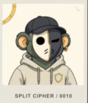 A cartoon illustration of a character wearing a half-black, half-white monkey mask, a black cap, and a hoodie, labeled 'SPLIT CIPHER / 0010'.