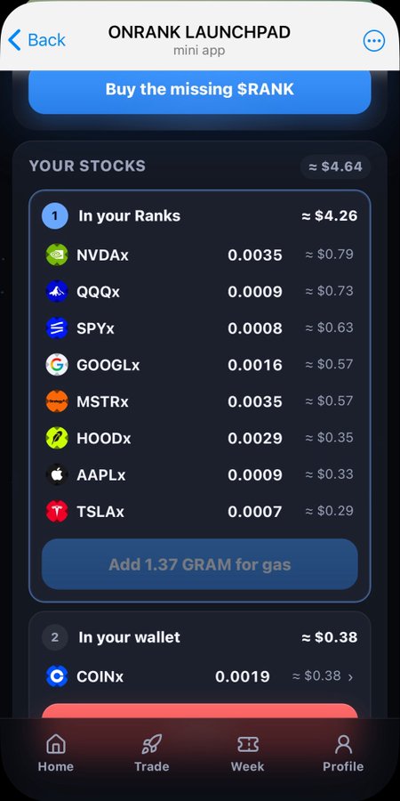An "ONRANK LAUNCHPAD" mini app screen showing a "YOUR STOCKS" portfolio ($4.64) including NVDAx, QQQx, SPYx, GOOGLx, MSTRx, HOODx, AAPLx, TSLAx, and a "Buy the missing $RANK" button.