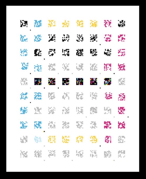 A grid of colorful, pixelated character icons or sprites arranged in rows on a white background.