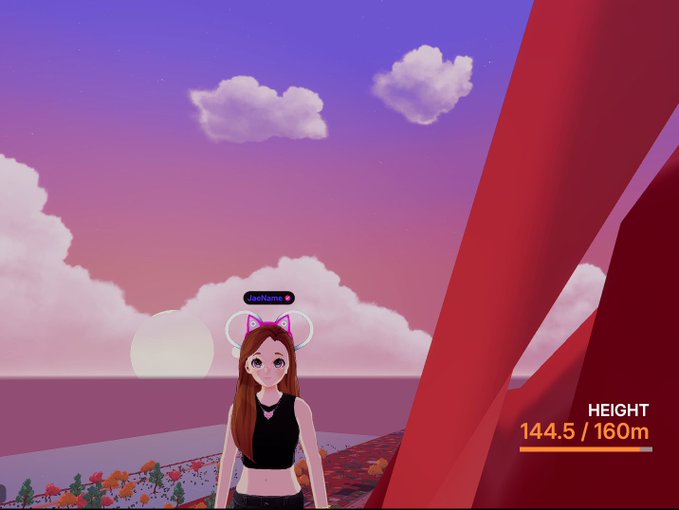 A 3D animated avatar of a girl with brown hair and cat ear headphones, labeled 'JaeNaemi', in a colorful virtual world with pink and purple skies, with a height indicator showing '144.5 / 160m'.