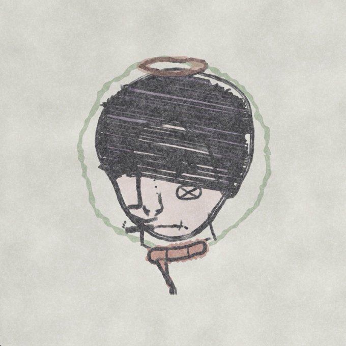 A childlike crayon drawing shows a cartoon character with dark cross-hatched hair, an 'X' for one eye, and a slight smile, wearing an orange scarf.