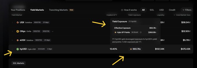 A dark-themed DeFi yield market dashboard showing yield positions with hyUSD highlighted, displaying an APY of 13.40% and 993.76x effective exposure for YT-hyUSD. Yellow arrows point to the hyUSD token in the positions list and its corresponding detailed metrics panel, emphasizing the high leverage point farming opportunity referenced in the post about scooping discounted YT-hyUSD tokens on Exponent.