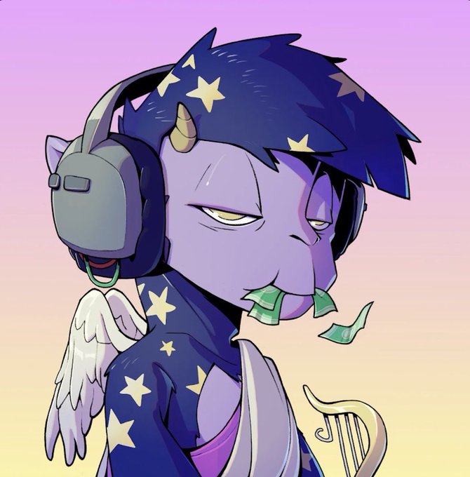 A digital illustration of a purple-skinned unicorn or alicorn character with dark blue star-patterned hair, wearing large black headphones and a dark blue star-covered outfit, exhaling green paper money while holding a golden lyre against a pink-to-yellow gradient sky.