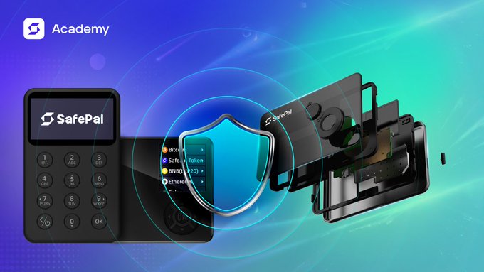 A SafePal Academy promotional image showcasing a hardware crypto wallet device alongside its internal components, featuring a shield emblem and supported cryptocurrencies including Bitcoin, SafePal, BNB Chain, and Ethereum.