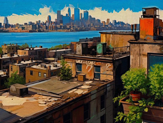 A painted urban cityscape showing rooftops in the foreground with a skyline across the water.