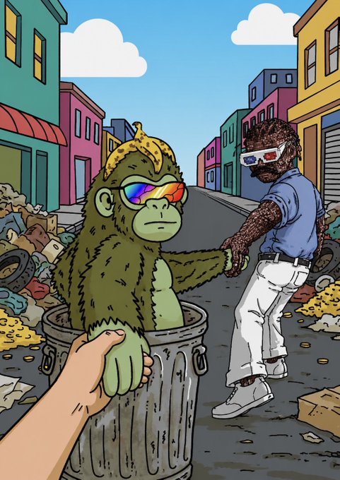 A cartoon illustration depicts a 3D-styled gorilla wearing a banana peel hat and rainbow sunglasses emerging from a trash can in a littered urban street, shaking hands with a 3D-style man in 3D glasses, while another hand reaches up from the bottom left to shake the gorilla's other hand, mirroring the "DUMPSTR" token's ape-and-trash theme by visualizing the project's name through a gorilla rising from garbage.