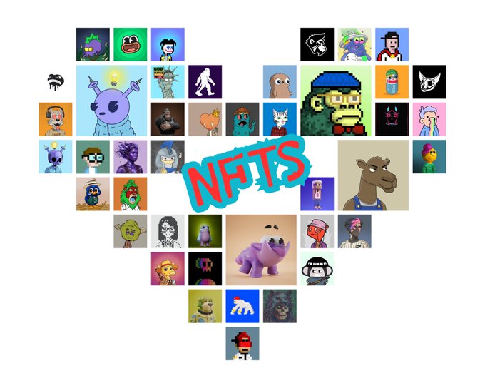 The image features a collage of various characters, including cartoon animals such as a pig, cow, horse, and dog, along with other people and objects like a car, house, and tree. The collage is arranged in a heart shape, creating an artistic and visually appealing layout. The post about NFTs has been signed by the creator, who has included their name at the bottom of the image.
