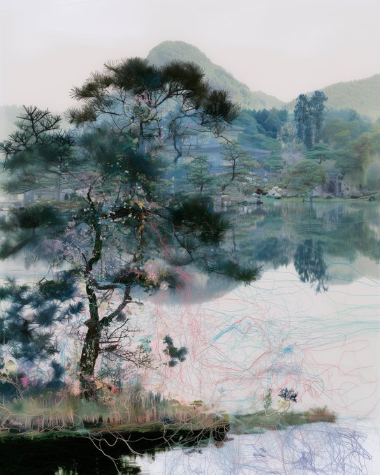 An artistic mixed-media landscape featuring a pine tree reflected in a calm body of water, with mountains in the background and abstract colorful scribbles overlaid on the lower portion.