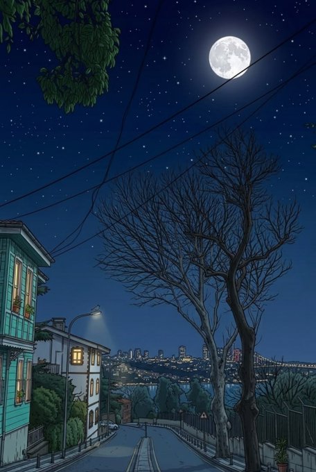 A stylized illustration depicts a serene nighttime street scene with a full moon, stars, and distant city lights across the water. A large bare tree stands prominently in the foreground next to a glowing streetlamp and houses.
