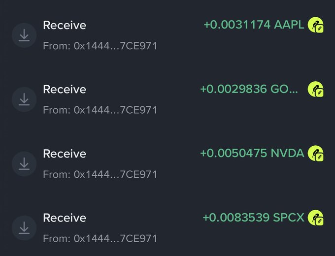 A cryptocurrency wallet transaction history showing four small "Receive" transfers from address 0x1444...7CE971, including +0.0031174 AAPL, +0.0029836 GO..., +0.0050475 NVDA, and +0.0083539 SPCX. The tiny incoming RWA token deposits, made from a single source, align with the user's account of an obscure meme coin called 401K unexpectedly distributing micro-amounts of real-world asset tokens to holders.