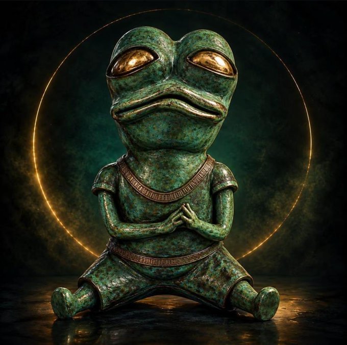 A bronze-green patinated statue of a frog-like humanoid figure with golden eyes, sitting cross-legged with hands clasped in a meditative pose against a dark background with a glowing golden ring.