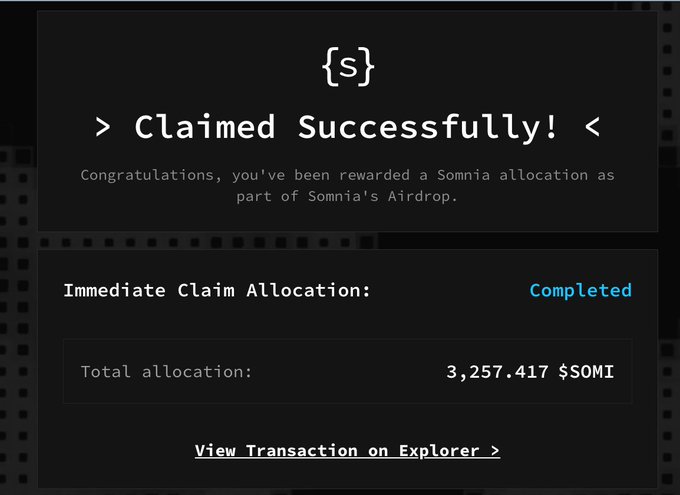 The image shows a successful airdrop claim confirmation for 3,257.417 $SOMI tokens from Somnia's airdrop, with the "Immediate Claim Allocation" marked as Completed. This directly matches the post highlighting the $SOMI airdrop reward, demonstrating the InfoFi era's continued token distribution benefits.