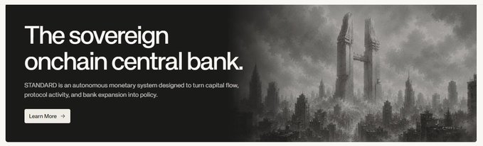 The image displays a banner for "The sovereign onchain central bank," promoting STANDARD as a monetary system designed to convert capital flow, protocol activity, and bank expansion into policy, accompanied by a dramatic illustration of a dark, futuristic cityscape with towering skyscrapers. This visual reinforces the accompanying post's message about The Standard Reserve's Founding Charter NFTs, which function as on-chain banks where holders can earn $STANDARD emissions and expand up to 10 branches, with each new branch burning $STANDARD tokens.