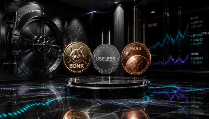 Three cryptocurrency coins labeled BONK, USELESS, and MARS sit on a platform inside a vault, with charts showing their respective price gains (+25.58%, +15.38%, +18.20%).