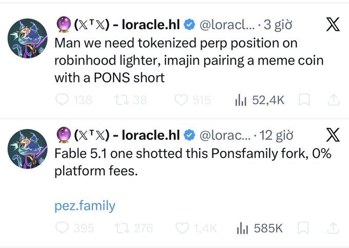 The image shows two tweets from "loracle.hl" (@loracl...) discussing the launch of "Ponsfamily," a token launch platform with 0% platform fees meant to compete with $PONS, along with a desire for tokenized perpetual positions on Robinhood Lighter to pair meme coins with $PONS shorts; the top tweet has 52.4K views while the bottom tweet links to pez.family with 585K views, contextualizing the accompanying post's narrative about Loracle's large short position on $PONS and his failed competing platform.
