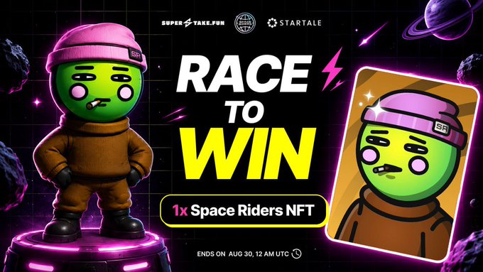 Promotional banner for a 'RACE TO WIN' giveaway featuring a 3D green alien character in a pink beanie and brown tracksuit, offering 1x Space Riders NFT, ending August 30.