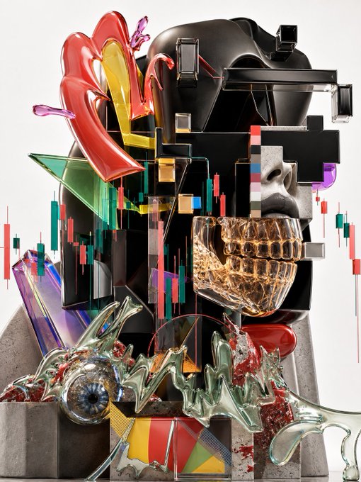 A dark, surreal 3D collage artwork featuring a fragmented skull with gold teeth, colorful crystals, candlestick charts, and abstract metallic shapes against a gray background.
