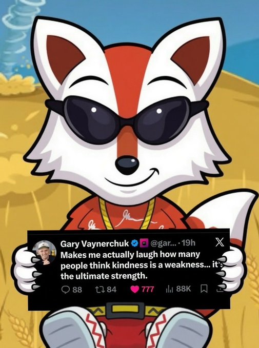 A cartoon fox wearing sunglasses and a red shirt against a blue sky background, holding a tweet from Gary Vaynerchuk (@gary) that reads, 'Makes me actually laugh how many people think kindness is a weakness... it's the ultimate strength.'