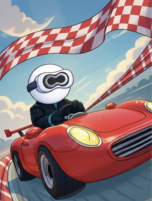 A cartoon-style illustration of a character wearing a white helmet and goggles driving a red race car on a track with a checkered finish line banner waving above.