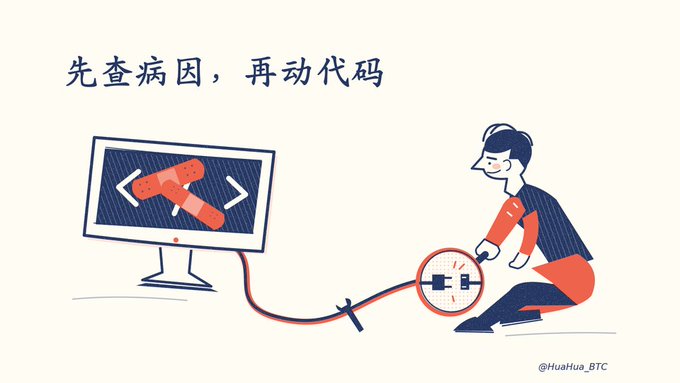 The illustration shows a developer using a magnifying glass to examine code displayed on a computer monitor, with the Chinese caption "先查病因，再动代码" (meaning "Diagnose the cause first, then touch the code"), reinforcing the post's advice to pause AI-assisted coding and practice systematic debugging before making changes.