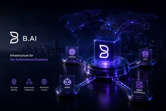 Another B.AI promotional graphic reads 'Infrastructure for the Autonomous Economy,' featuring cubes labeled COMPUTE, DATA, AGENT, and SMART CONTRACTS connected by glowing lines.