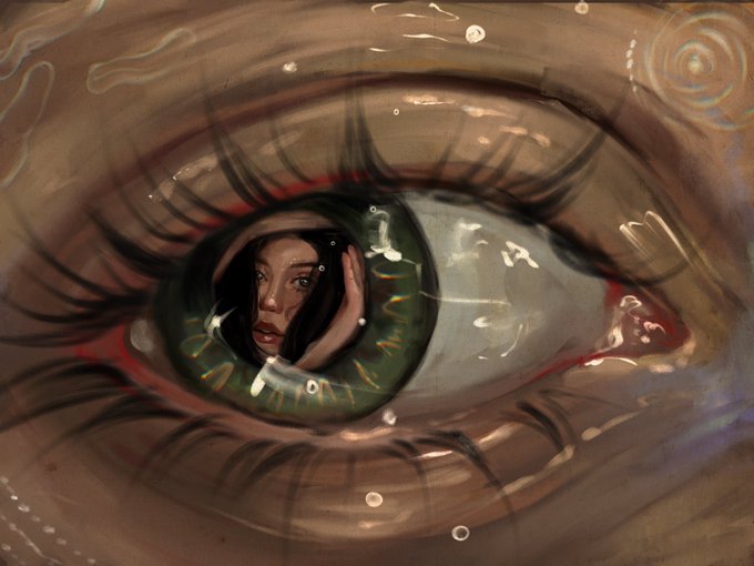 A close-up digital painting of a human eye with a green iris, featuring a reflection of a woman's face in the pupil, surrounded by water-like distortions.