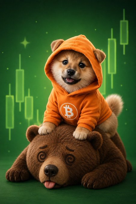 A cute Shiba Inu dog wearing an orange Bitcoin (₿) hoodie sitting on top of a tired-looking brown bear, set against a green background with candlestick chart elements — symbolizing bulls and bears in crypto markets.