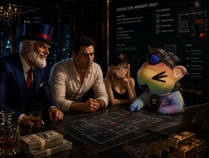 The image shows a group of people gathered around a table, with one person sitting at the head of the table wearing a top hat. The other individuals are seated around the table, which has various items such as a laptop, a cell phone, and stacks of money on it. A stuffed animal is also present in the scene. The post that accompanies this image reads: "While everyone busy with nft mints this is the time for avax trenches! @ExcelBaller and @nobsfud". This suggests that the group might be discussing or planning something related to cryptocurrency, specifically virtual currency like Bitcoin, which has been gaining popularity in recent years. The presence of stacks of money on the table could indicate a discussion about investing in this digital currency or possibly trading it for real-world assets.
