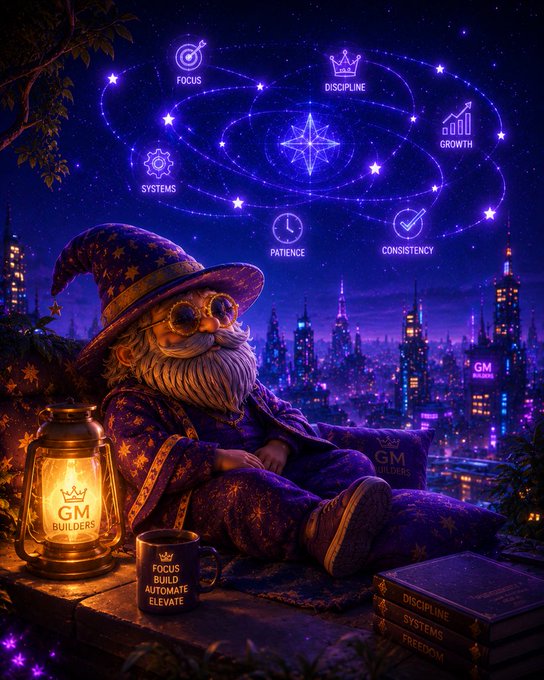 A fantastical illustration shows a wizard with a long white beard wearing a starry purple robe and hat, sitting with a lantern labeled 'GM BUILDERS' against a glowing city skyline, with a constellation diagram overhead labeled FOCUS, DISCIPLINE, GROWTH, SYSTEMS, PATIENCE, and CONSISTENCY.