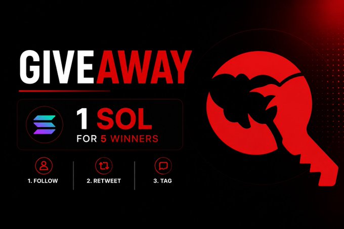 A bold black and red promotional graphic for a crypto giveaway, featuring a red circle with a key silhouette and the Solana logo. The text reads "GIVEAWAY — 1 SOL FOR 5 WINNERS," with entry instructions listed below: "1. FOLLOW, 2. RETWEET, 3. TAG," corresponding to the KeyClaw Presale celebration.