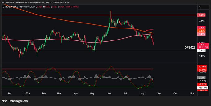 A TradingView stock chart for MICHAEL CRYPTO showing 'OTHERS:DJETC' with a downward trend, dropping to OP2026 at 0.11.