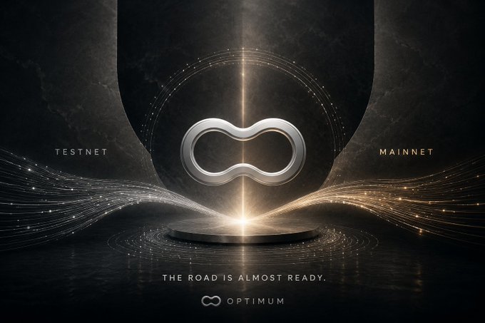 A dark, dramatic promotional graphic featuring an infinity-shaped logo between the words 'TESTNET' and 'MAINNET,' with the tagline 'THE ROAD IS ALMOST READY.' and 'OPTIMUM' branding below.