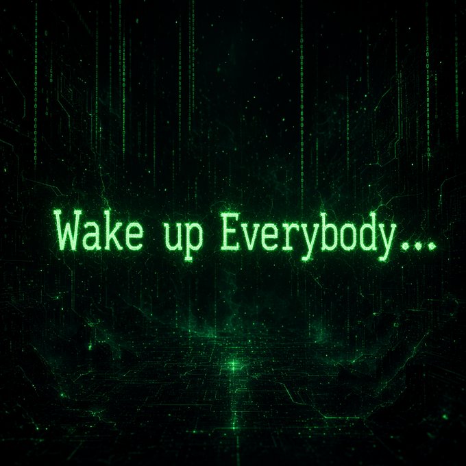 Glowing green digital text reads "Wake up Everybody..." set against a dark matrix-style backdrop of falling code and circuit board patterns. The image conveys an urgent, rallying tone that contrasts with the post's simple wish for a good Saturday, as if playfully calling everyone to rise and start their weekend.
