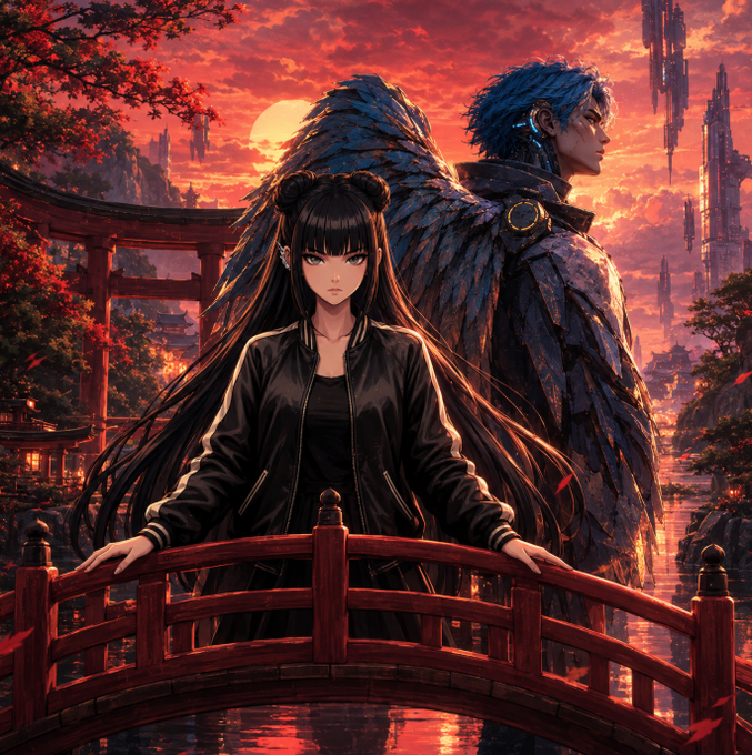 Anime-style illustration of a girl with black twin buns standing on a red bridge, with a large male figure bearing feathered wings standing behind her against a red sunset.