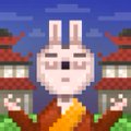 A pixel art image of a white rabbit-like character with long ears, wearing an orange and yellow robe, standing in front of a building.