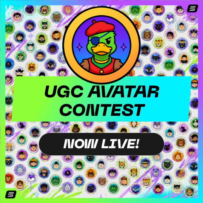A promotional graphic for a 'UGC AVATAR CONTEST' featuring a cartoon duck with a beret and eyepatch, surrounded by a background of various avatar icons, with a 'NOW LIVE!' button.