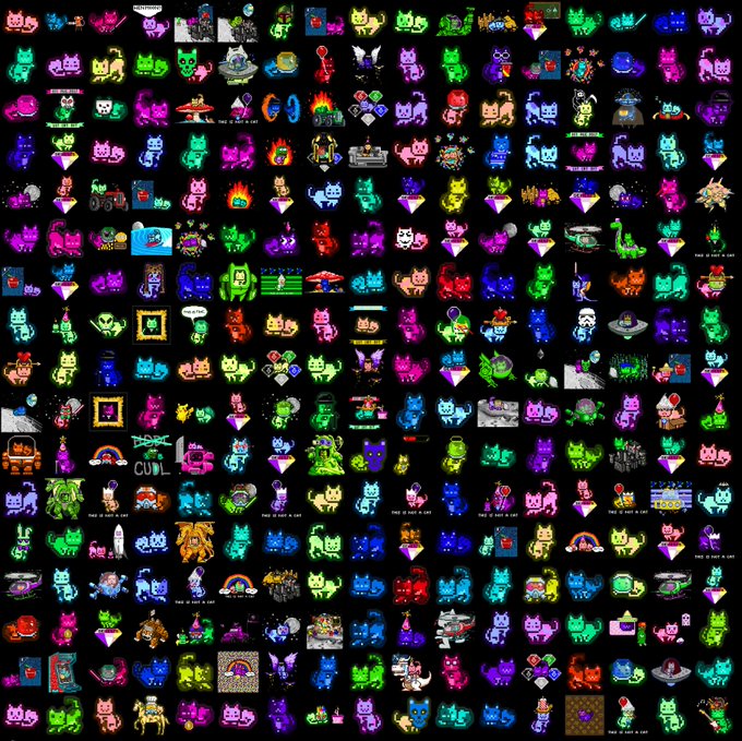 A grid of colorful pixel art sprites featuring various cat characters and creatures on a black background.
