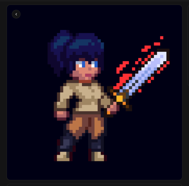 A pixel art character with dark hair and a tan outfit wields a glowing white sword with red pixelated effects against a black background, visually representing a hero-like figure that aligns with the gaming theme of the Tollan Genesis NFT from Abstract mentioned in the post.